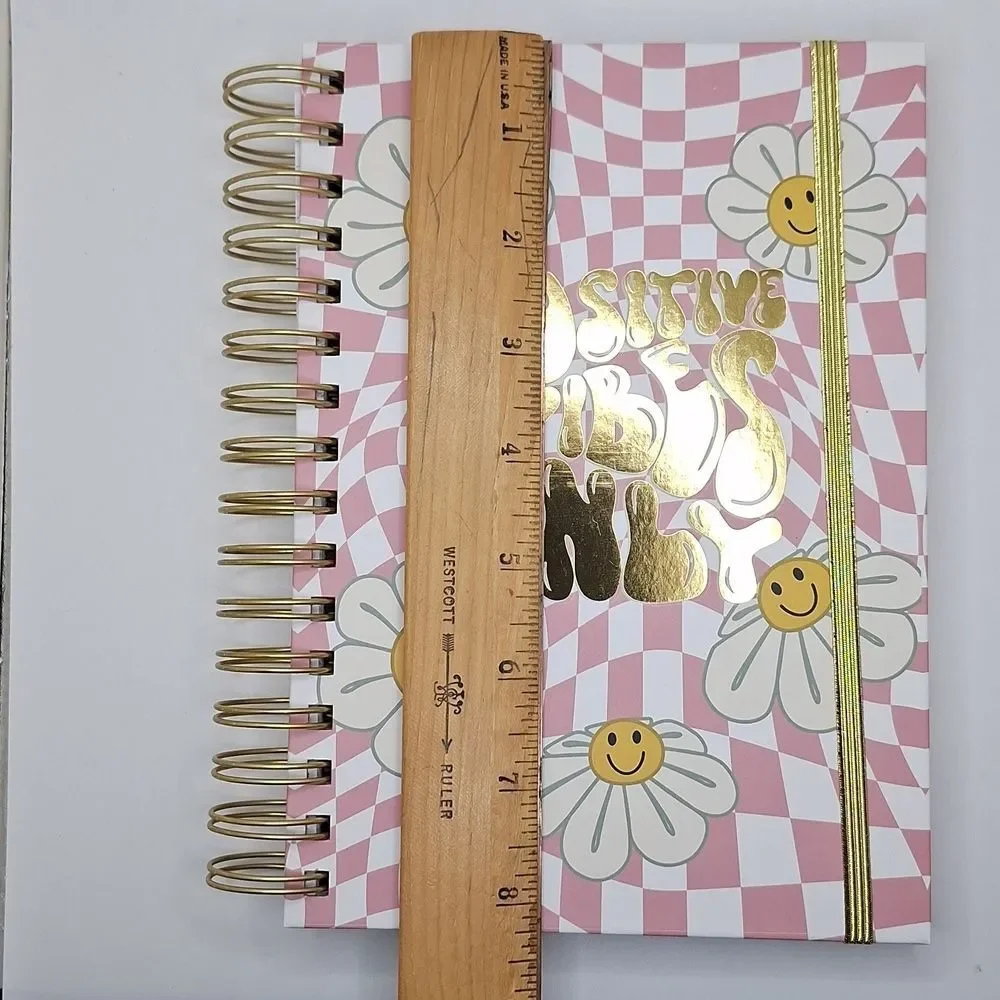 Positive vibes spiral notebook, journal Daisy checkered Ledger lined pages